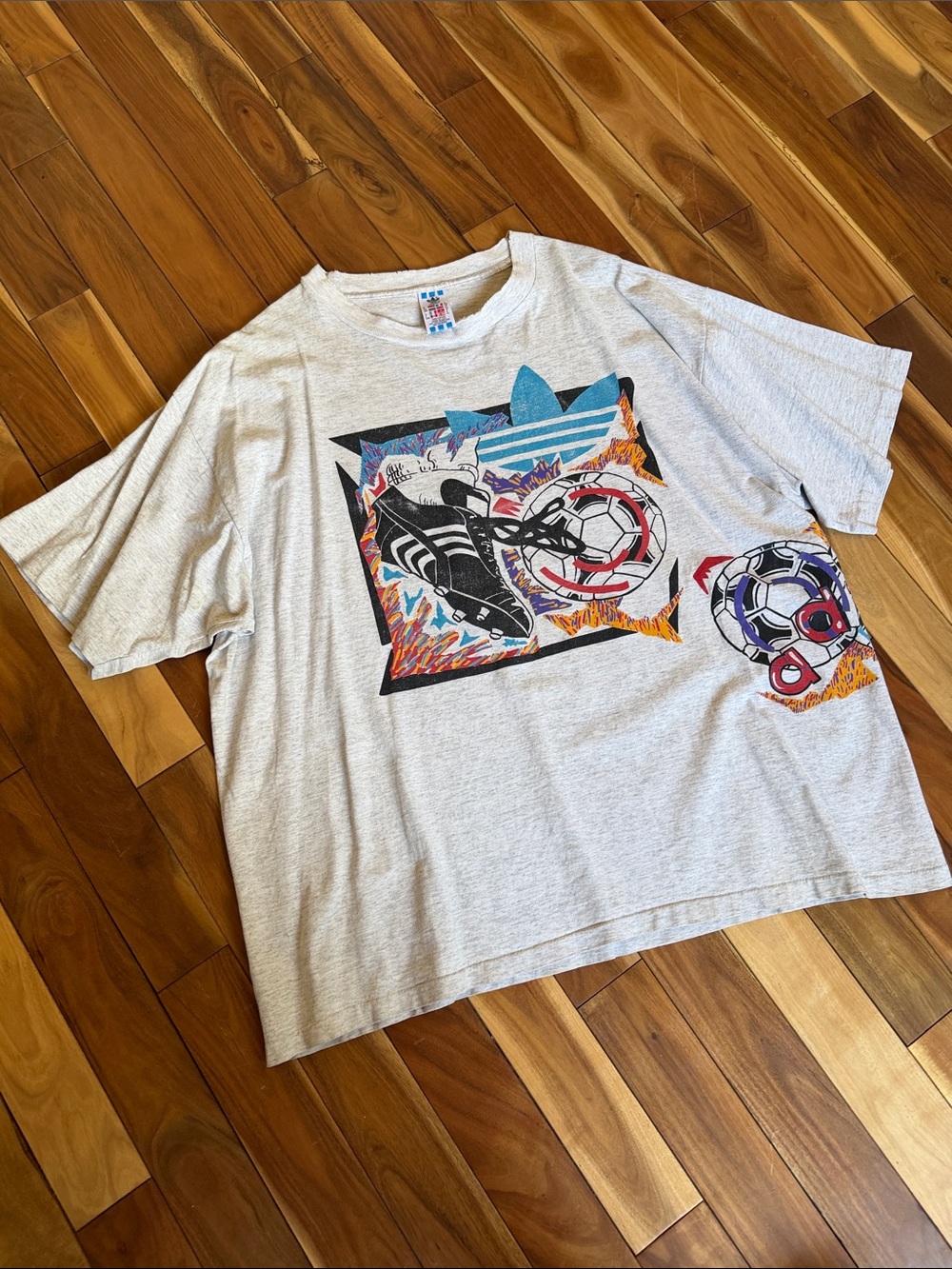 Vintage adidas Gray Short Sleeve Graphic Tee with Black and Blue Details
